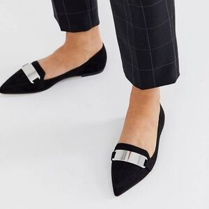 Asos Leonie suede point toe slip on black loafer ballet flats with silver 6